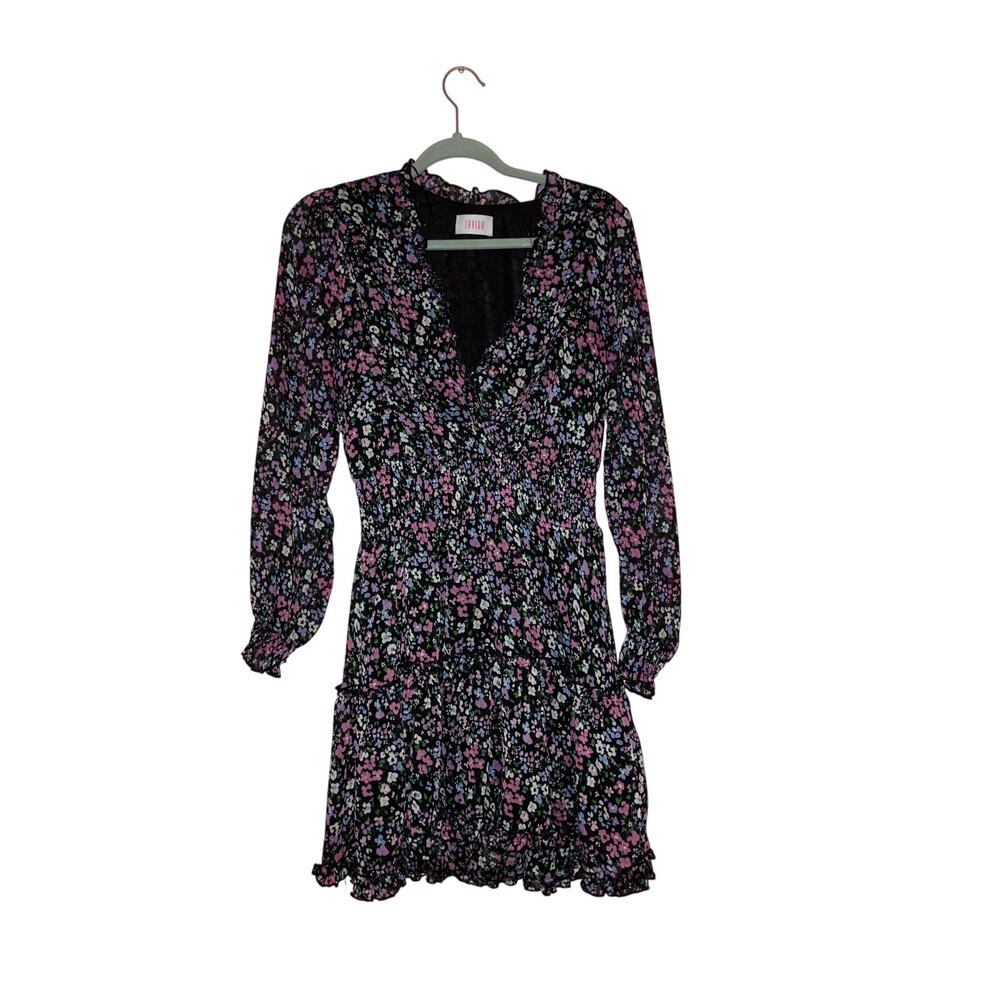 Savida Black Floral Smocked Tiered Ruffle Long Sleeve Mini Dress Size Medium - Picture 1 of 8